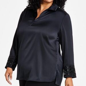 Anne Klein black satiny embellished cuff tunic shirt